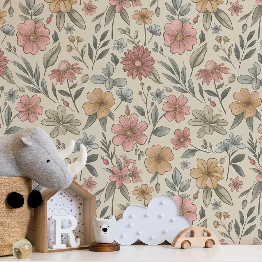 wall murals Pastel wildflowers and foliage a01243