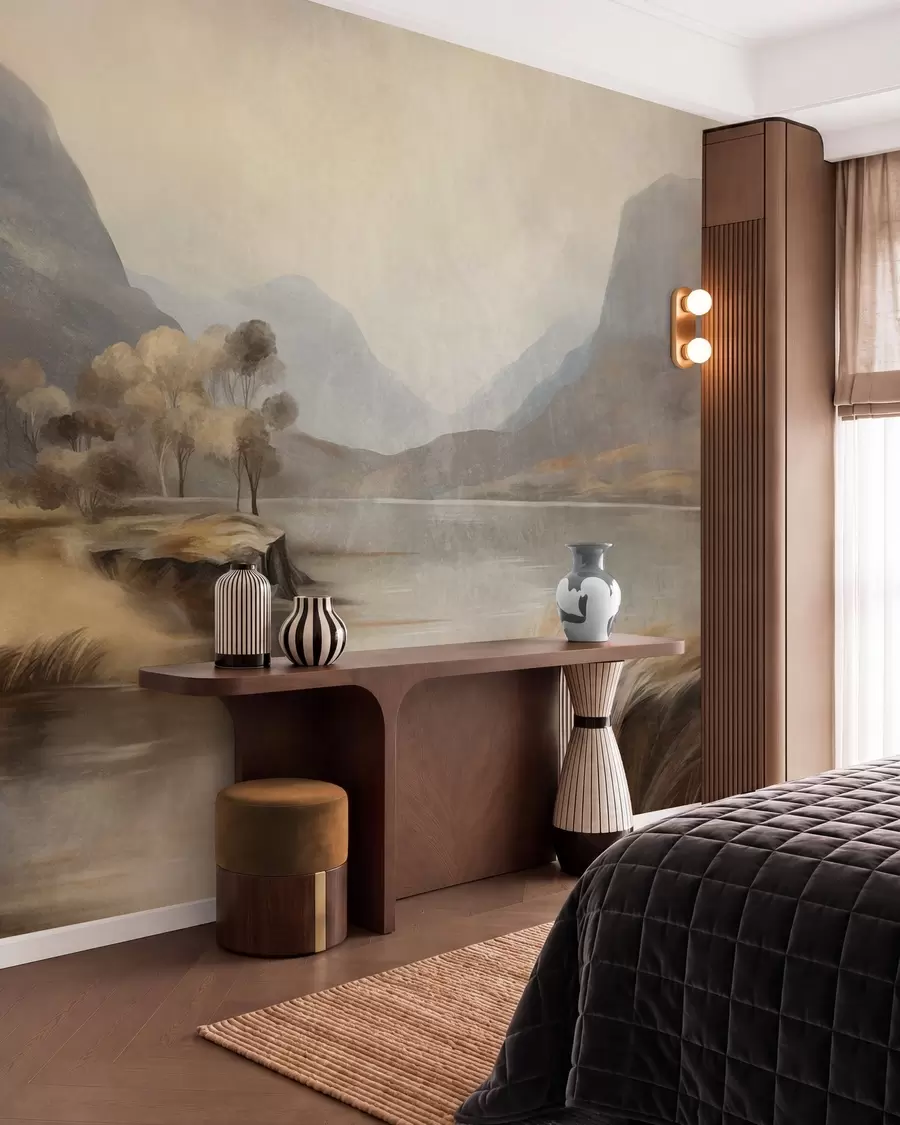 wall murals Textured muted landscape, lake with mountains, tall grass w09978