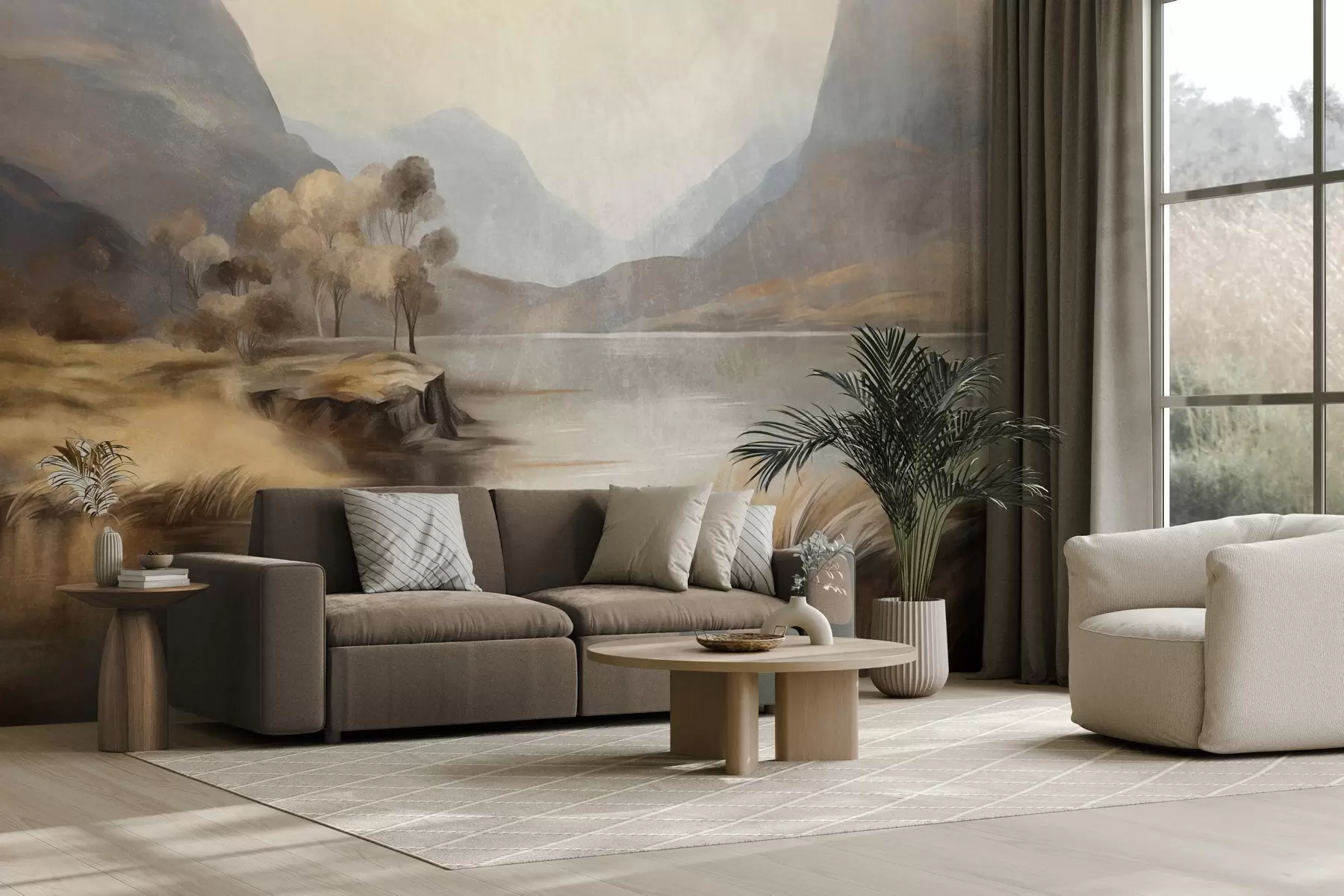 wall murals Textured muted landscape, lake with mountains, tall grass w09978