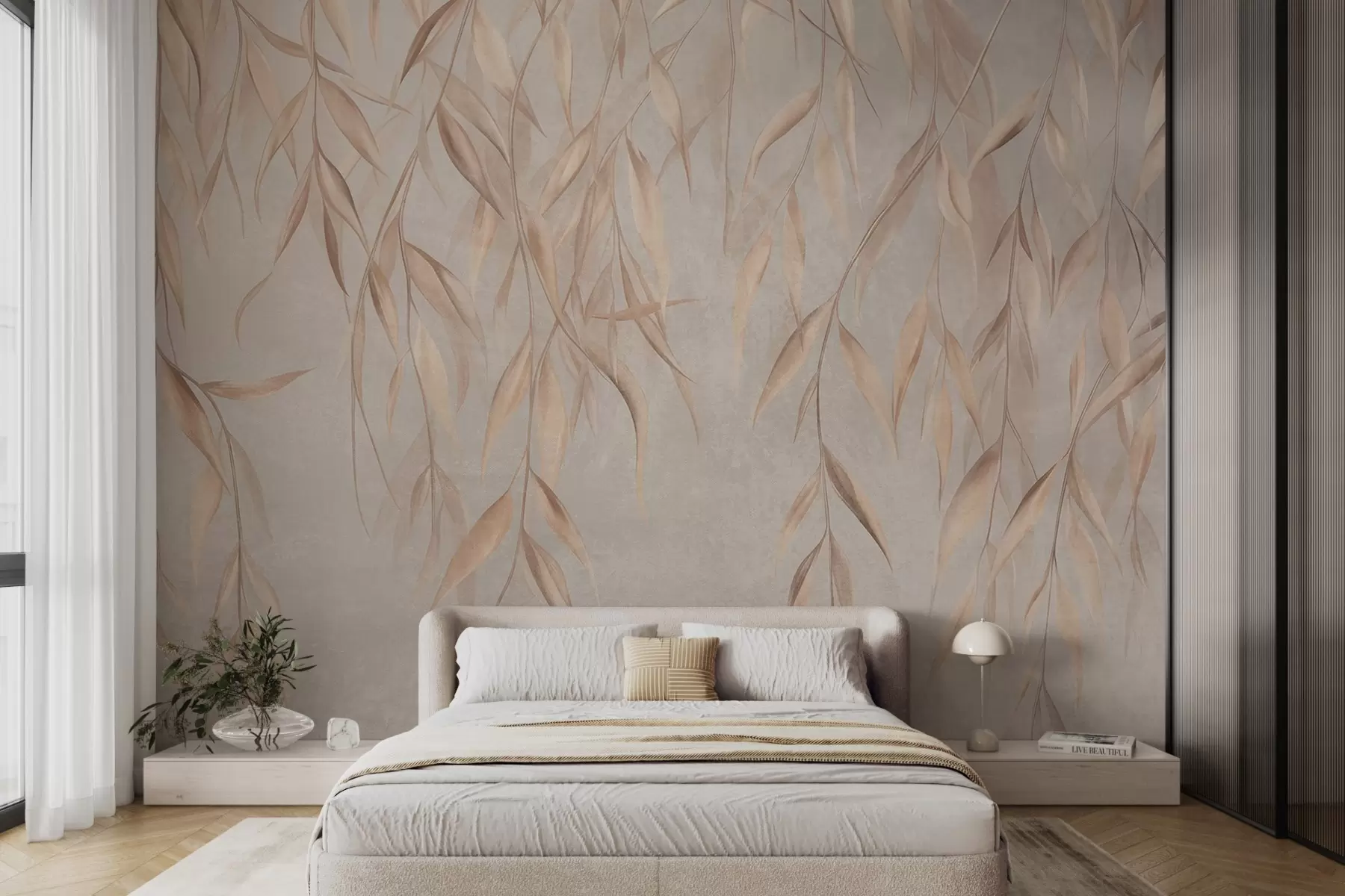 wall murals Delicate, long, light brown leaves hang from branches against a textured background w09980