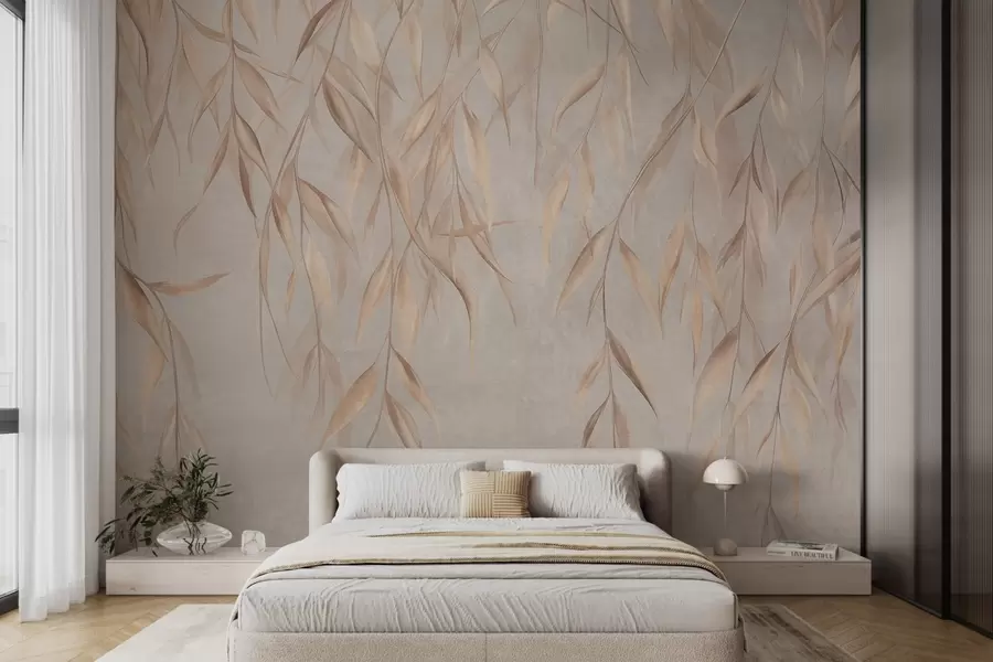 wall murals Delicate, long, light brown leaves hang from branches against a textured background w09980