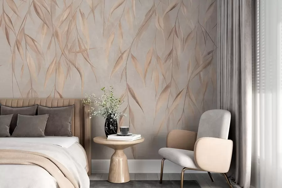 wall murals Delicate, long, light brown leaves hang from branches against a textured background w09980