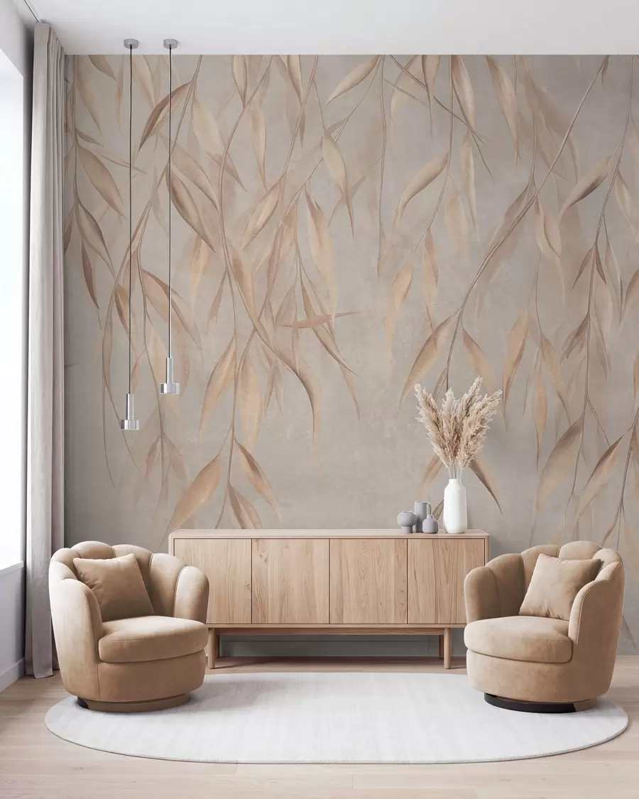 wall murals Delicate, long, light brown leaves hang from branches against a textured background w09980