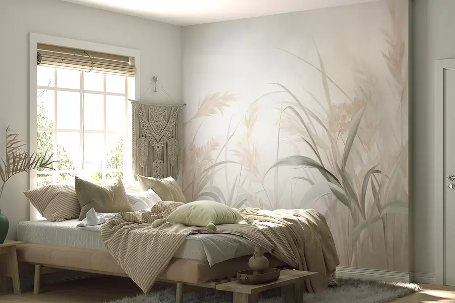 wall murals Tall, wispy grass and reeds in soft, muted tones of beige, cream, and green, textured w09981