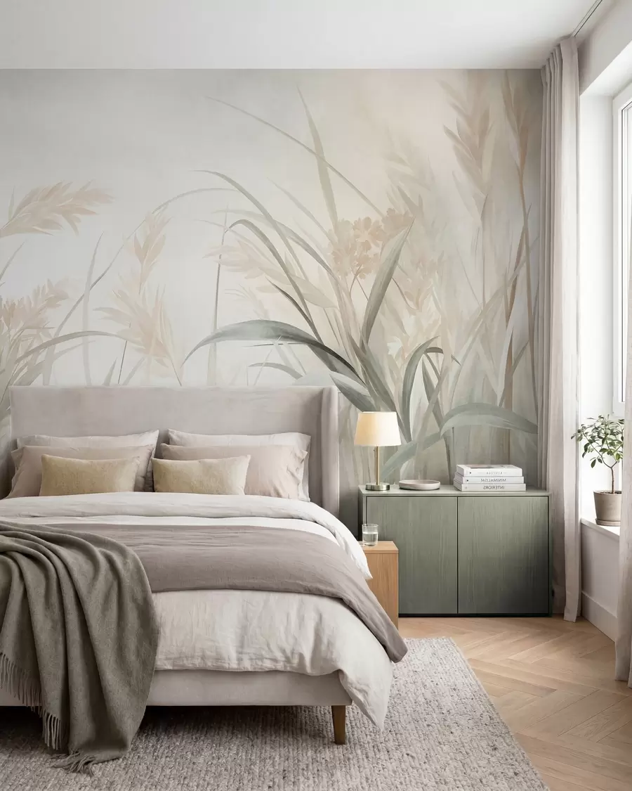 wall murals Tall, wispy grass and reeds in soft, muted tones of beige, cream, and green, textured w09981