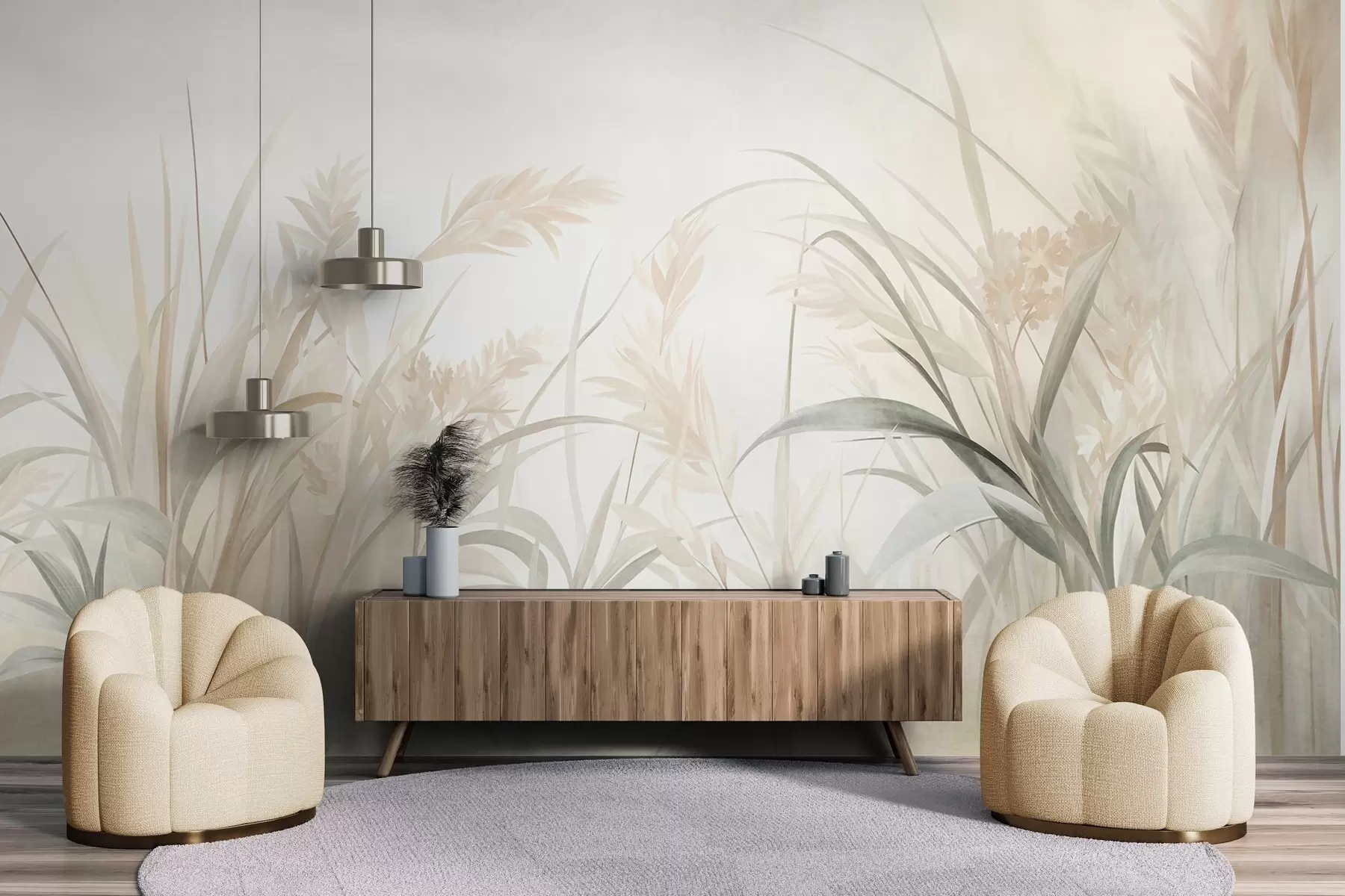 wall murals Tall, wispy grass and reeds in soft, muted tones of beige, cream, and green, textured w09981