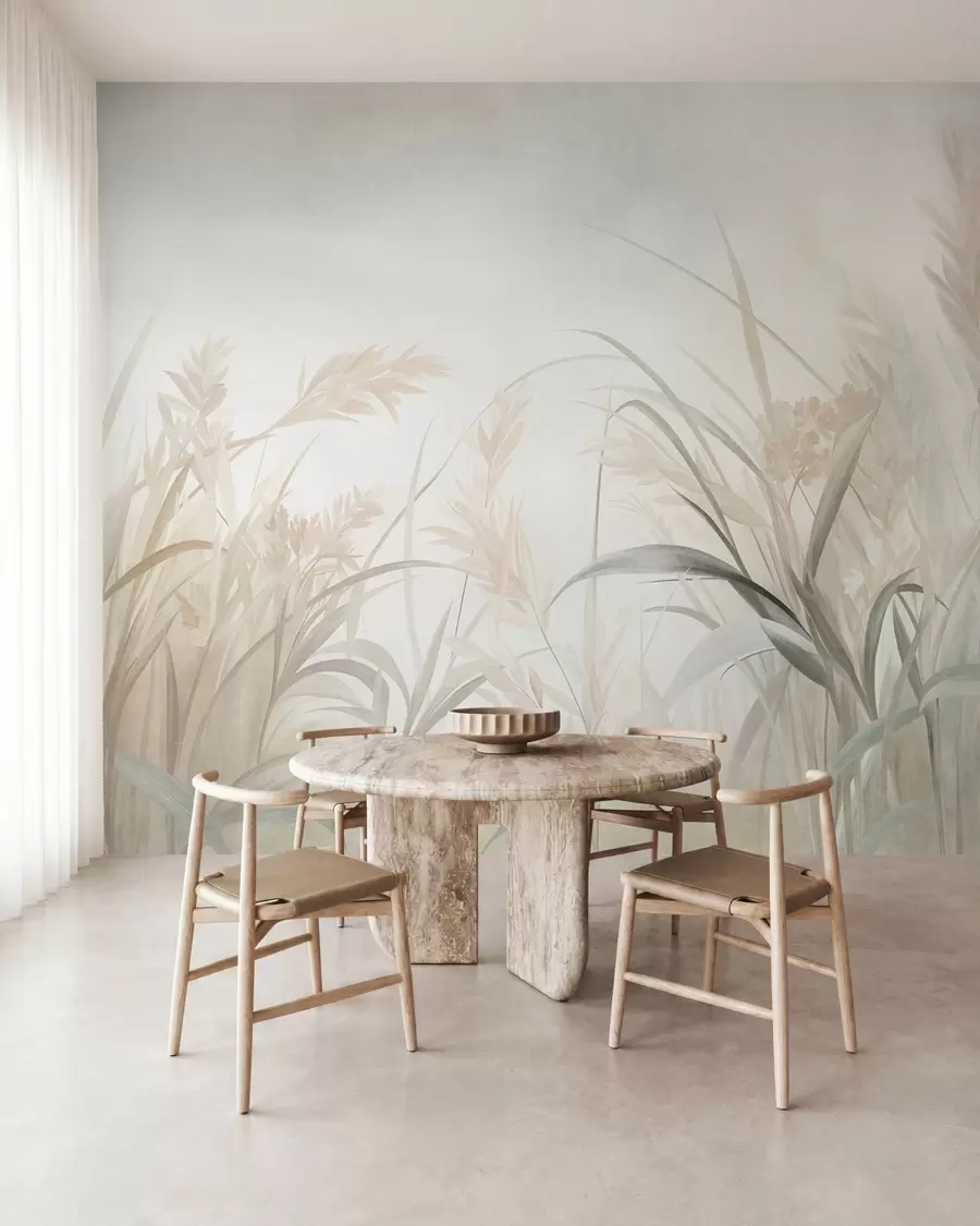 wall murals Tall, wispy grass and reeds in soft, muted tones of beige, cream, and green, textured w09981