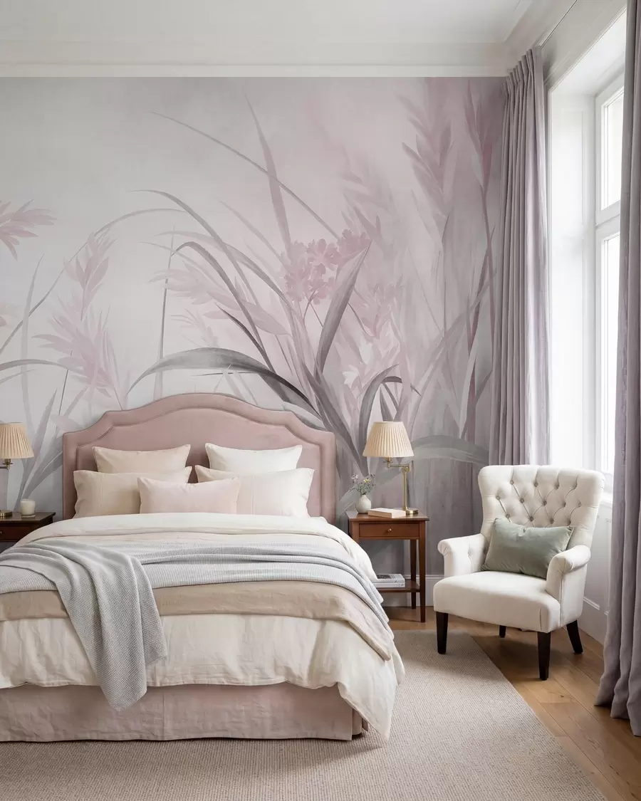 wall murals Tall, wispy grass and reeds in soft, muted tones of pink and gray, textured w09981v1