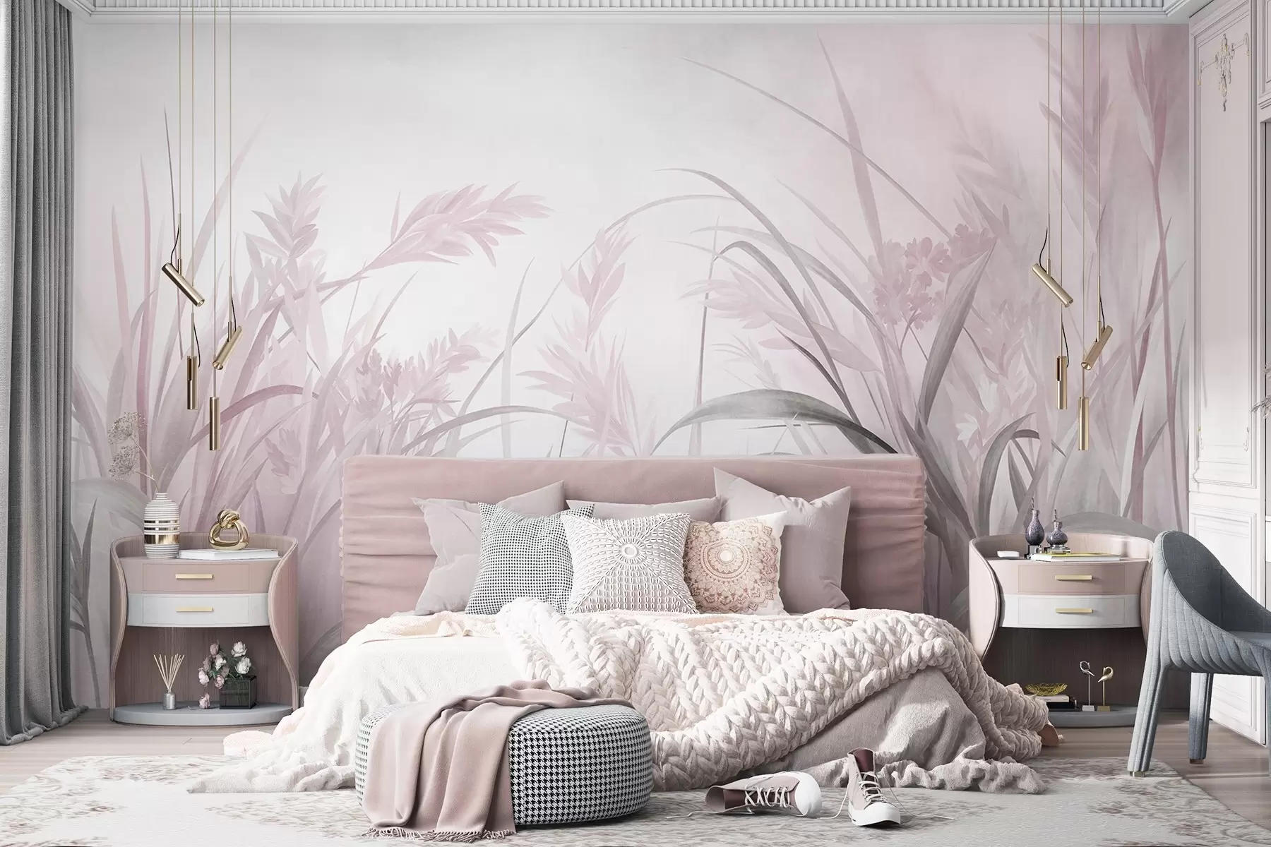 wall murals Tall, wispy grass and reeds in soft, muted tones of pink and gray, textured w09981v1
