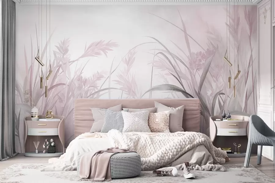 wall murals Tall, wispy grass and reeds in soft, muted tones of pink and gray, textured w09981v1