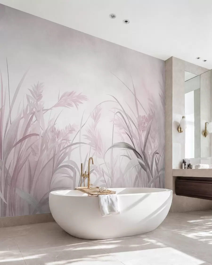 wall murals Tall, wispy grass and reeds in soft, muted tones of pink and gray, textured w09981v1