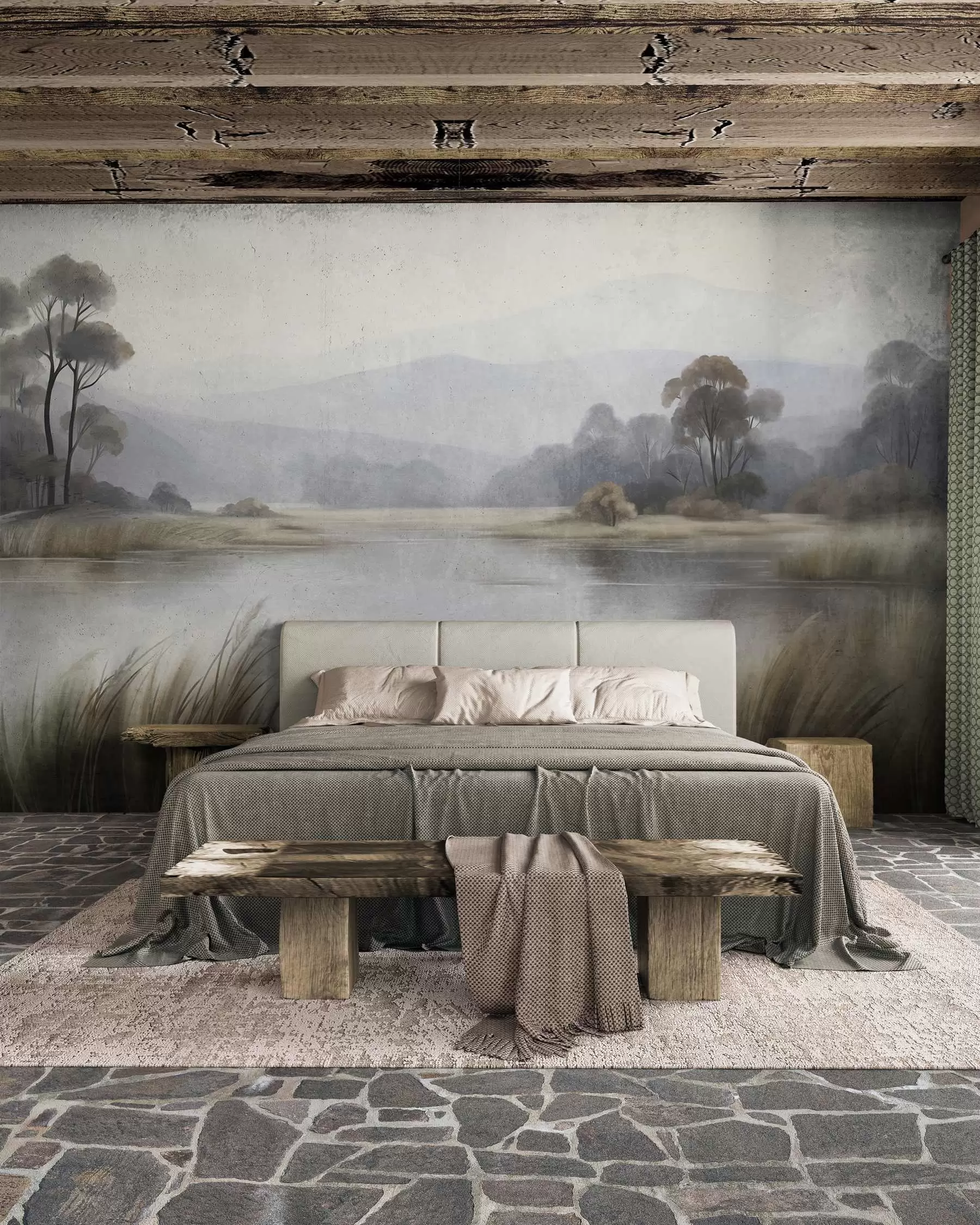 wall murals Textured landscape with a lake, tall grasses, trees and mountains in the background w09983