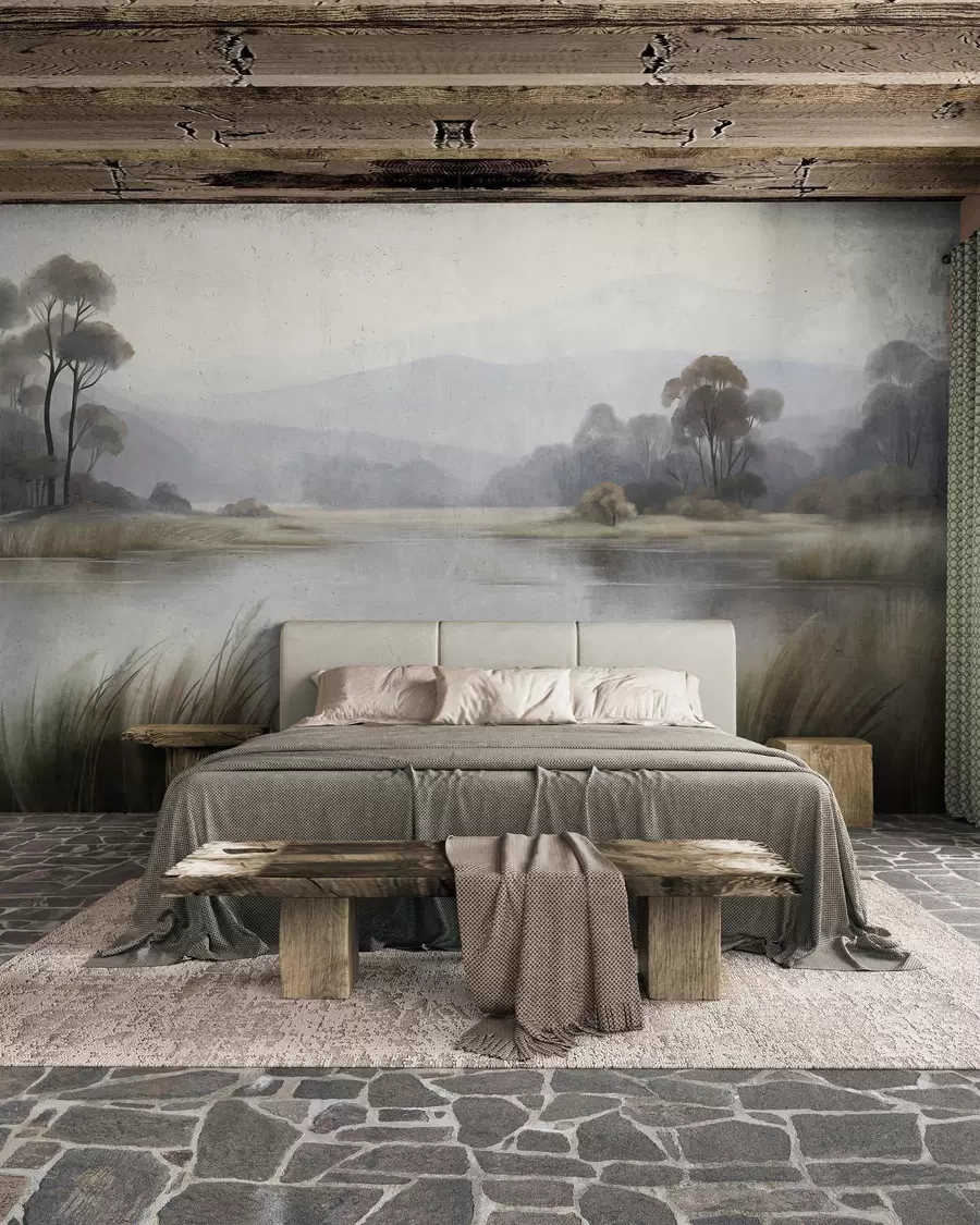 wall murals Textured landscape with a lake, tall grasses, trees and mountains in the background w09983