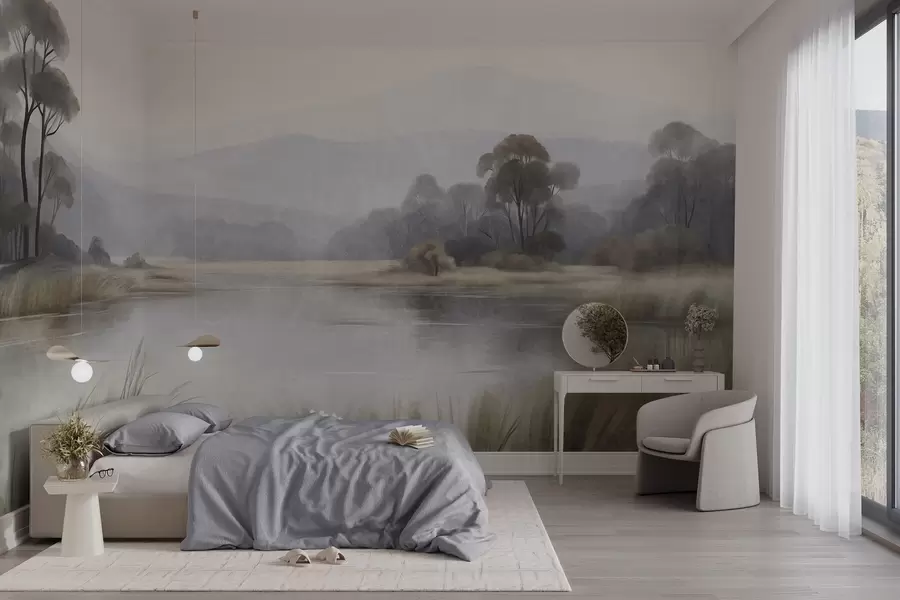 wall murals Textured landscape with a lake, tall grasses, trees and mountains in the background w09983
