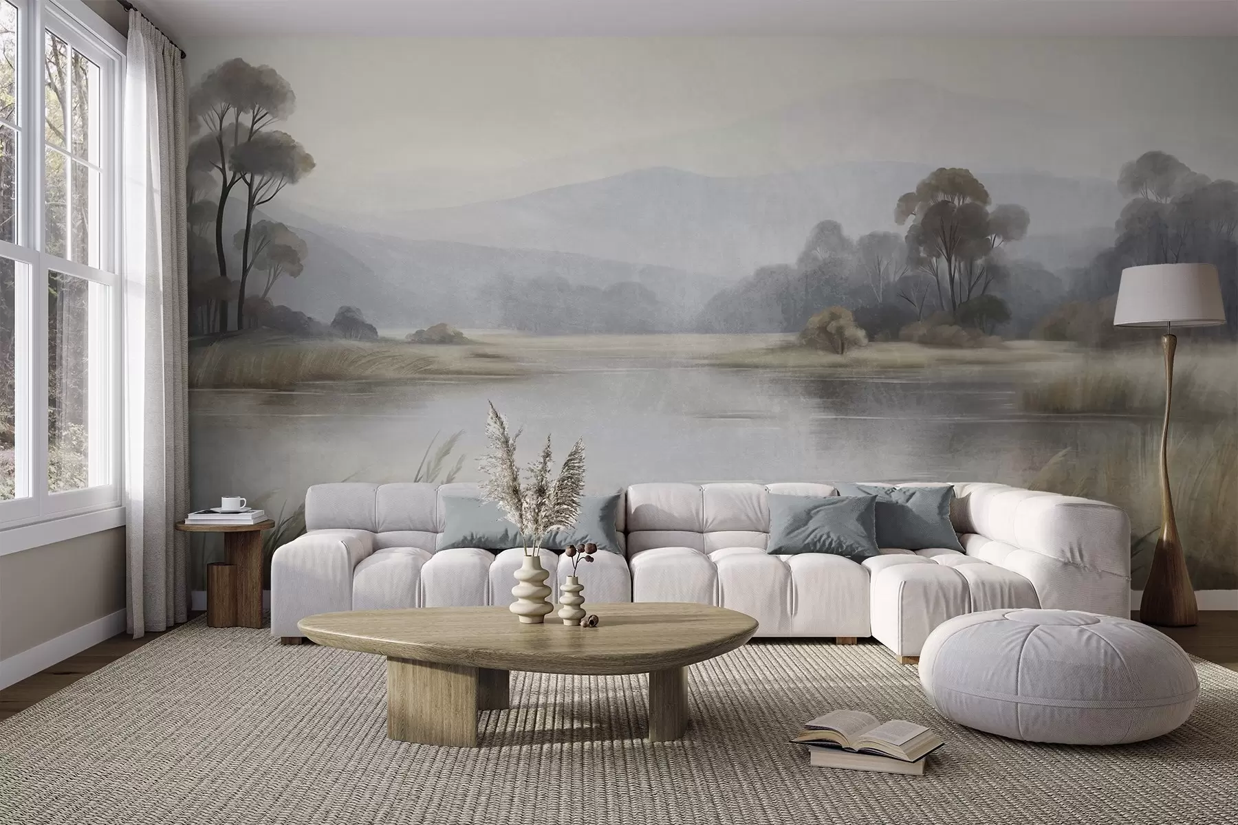 wall murals Textured landscape with a lake, tall grasses, trees and mountains in the background w09983