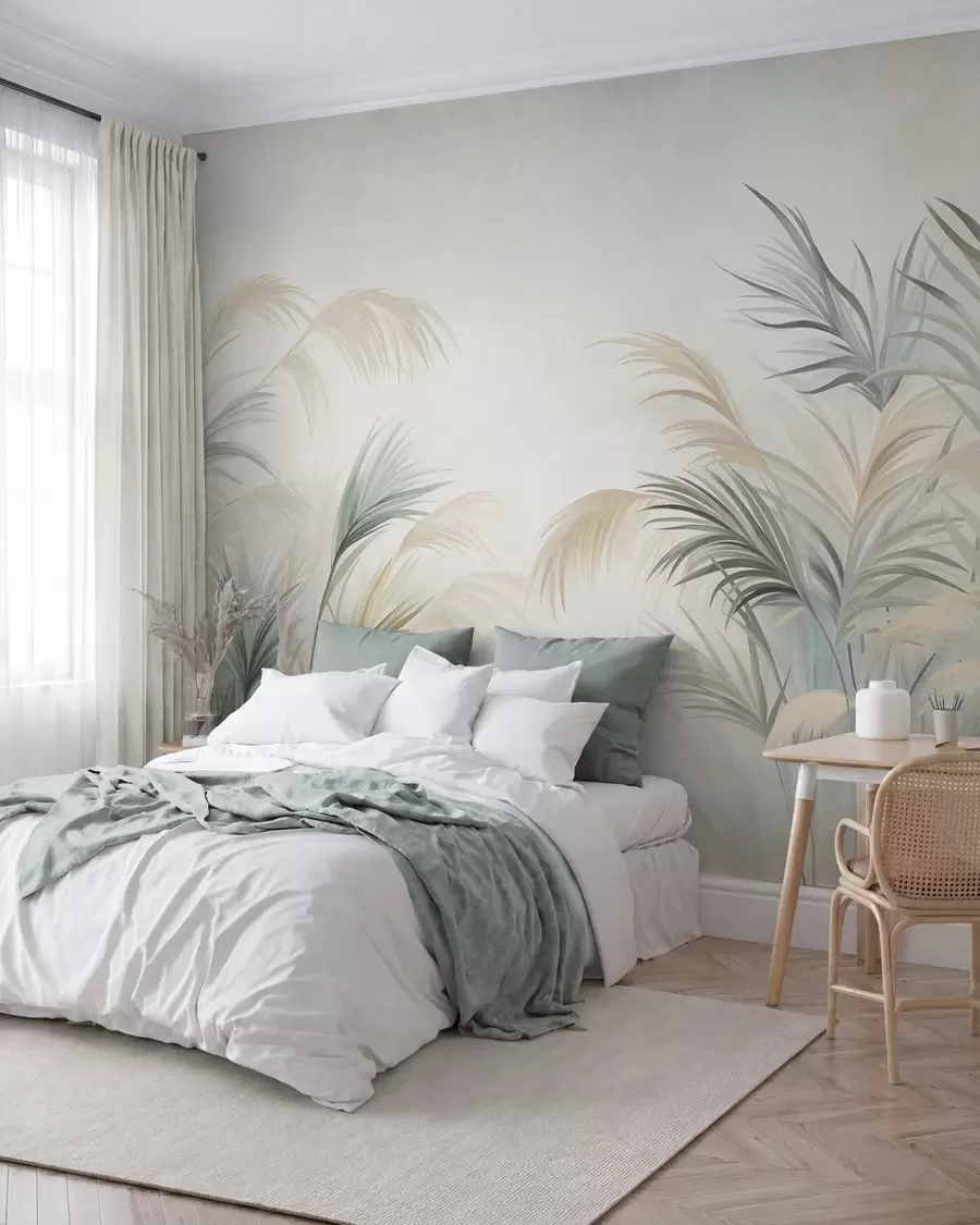 wall murals Tall plants in muted tones of beige, green, and grey against a soft textured background w09984