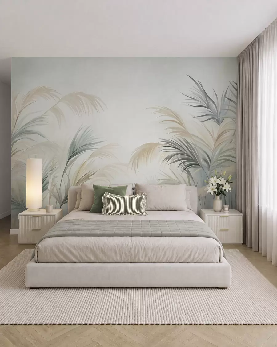 wall murals Tall plants in muted tones of beige, green, and grey against a soft textured background w09984