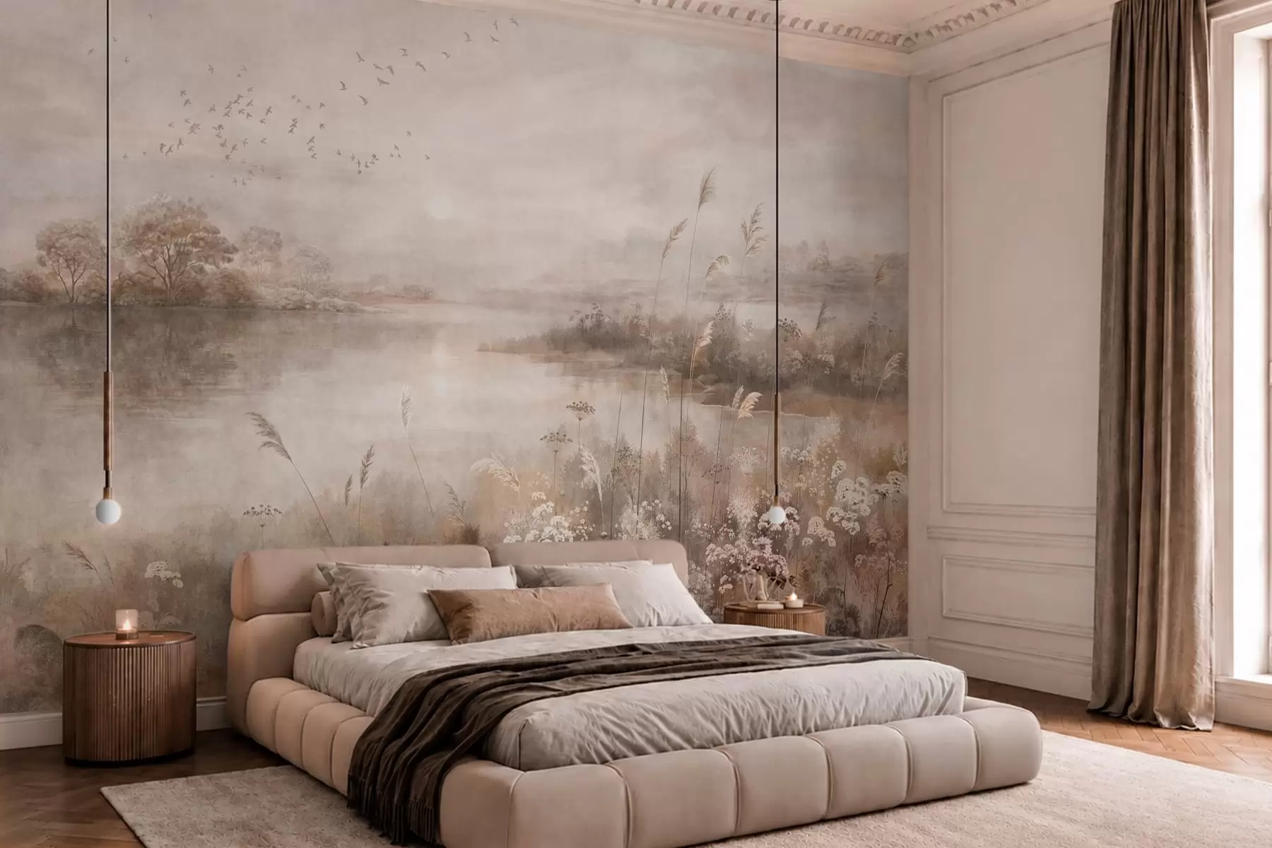 wall murals Misty lakeside landscape with wildflowers w05813