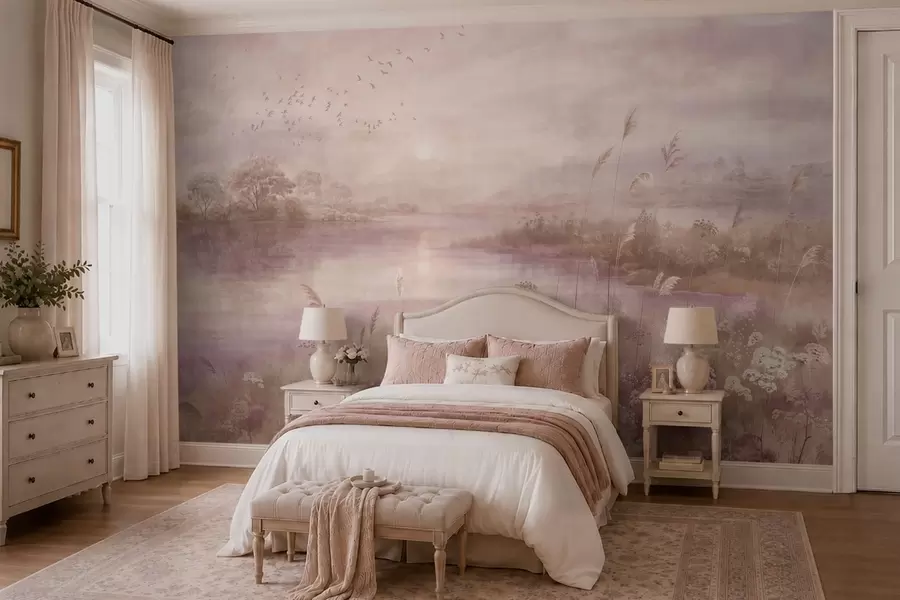 wall murals Pink toned lake with wildflowers w05813v1