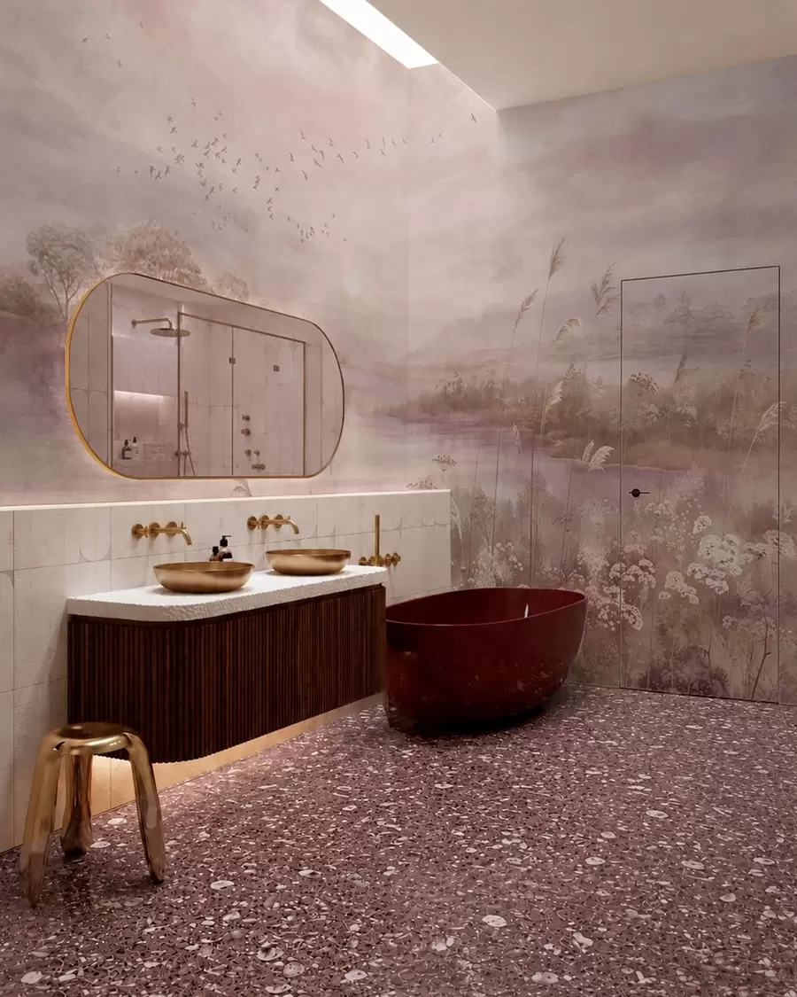 wall murals Pink toned lake with wildflowers w05813v1