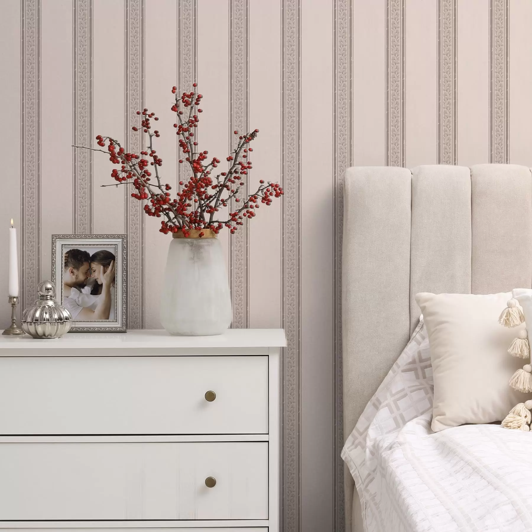 wall murals Delicate Pink and Beige Stripes with Leaves a01249