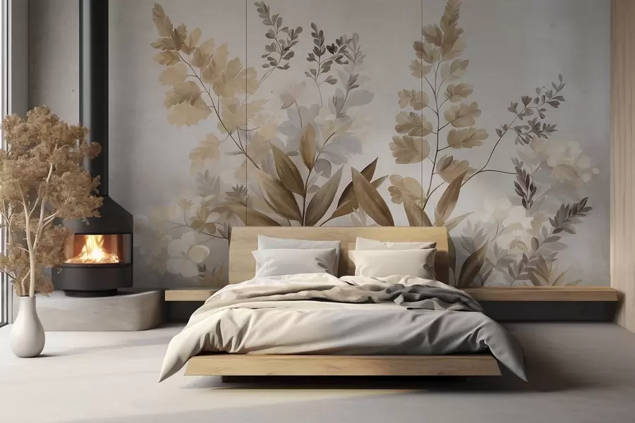 wall murals Textured botanical art, various plants and leaves in shades of brown and beige w09979