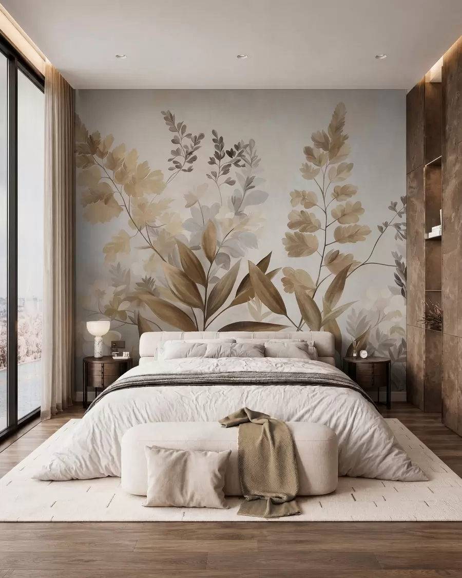 wall murals Textured botanical art, various plants and leaves in shades of brown and beige w09979