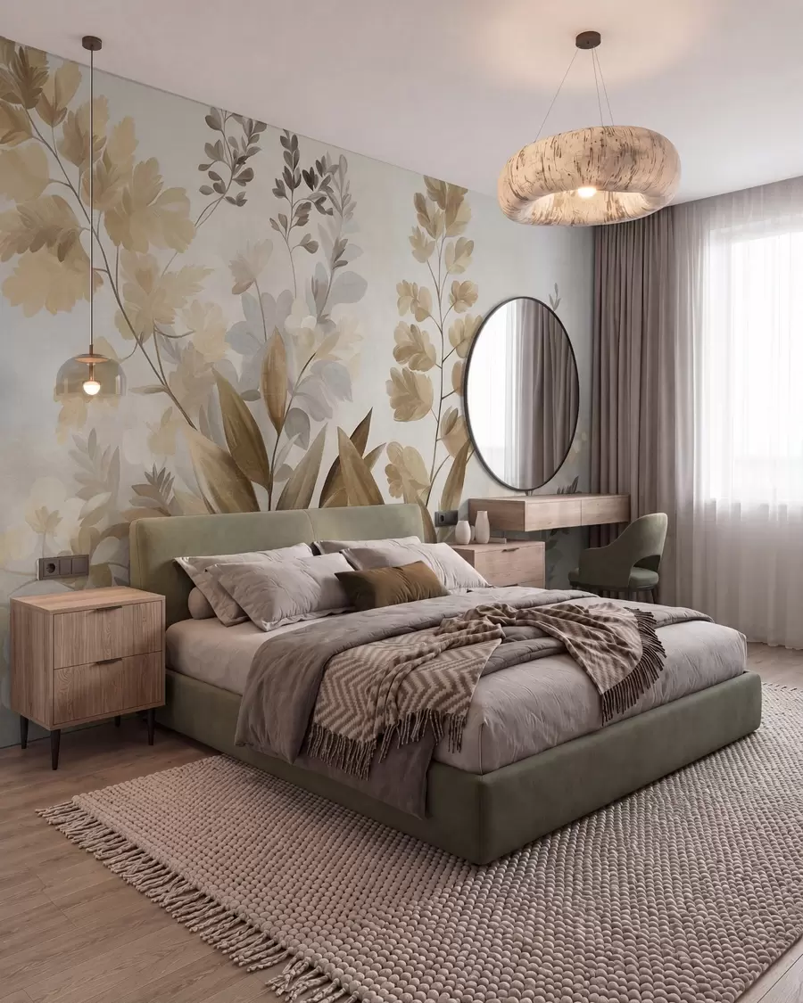 wall murals Textured botanical art, various plants and leaves in shades of brown and beige w09979