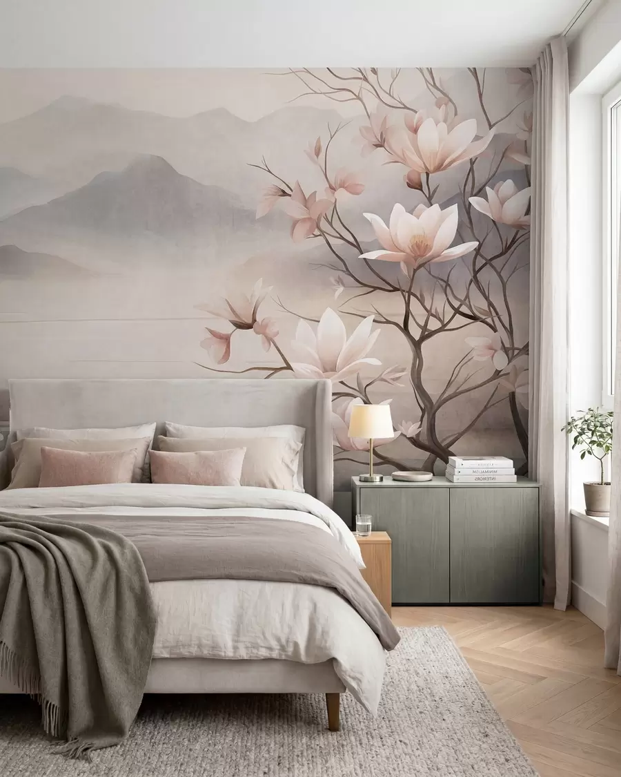 wall murals Mountains and blooming pink magnolia branches, textured landscape w10013