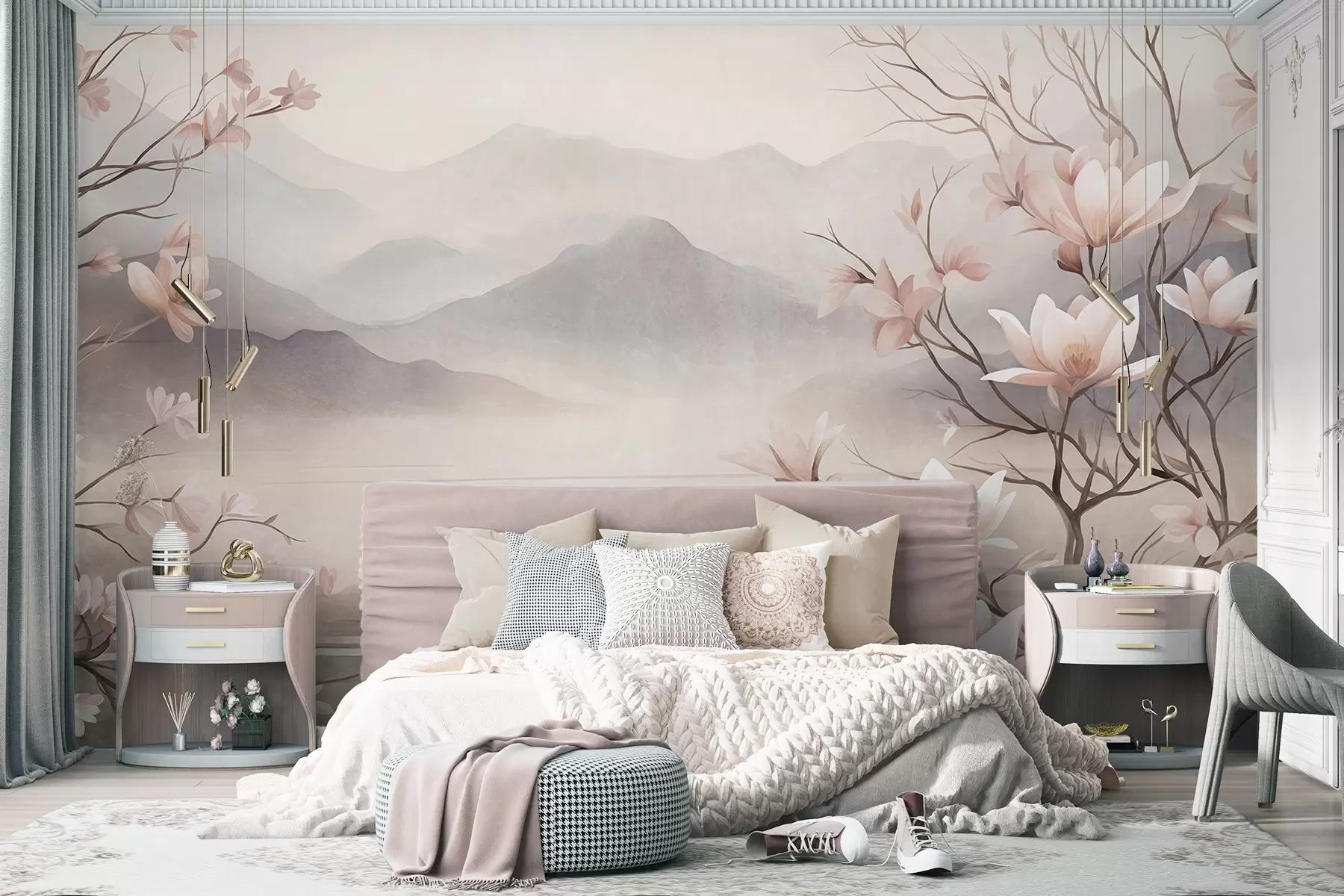 wall murals Mountains and blooming pink magnolia branches, textured landscape w10013