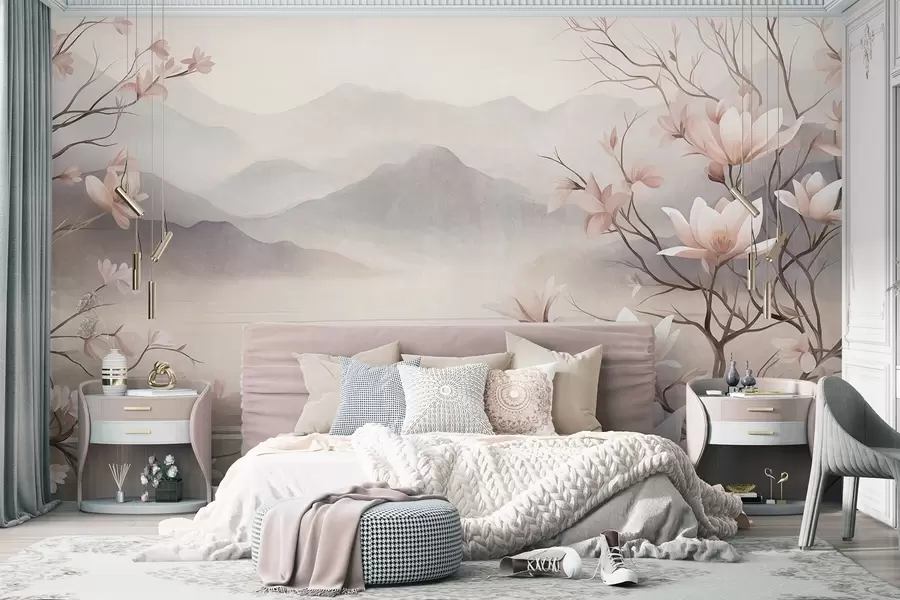 wall murals Mountains and blooming pink magnolia branches, textured landscape w10013