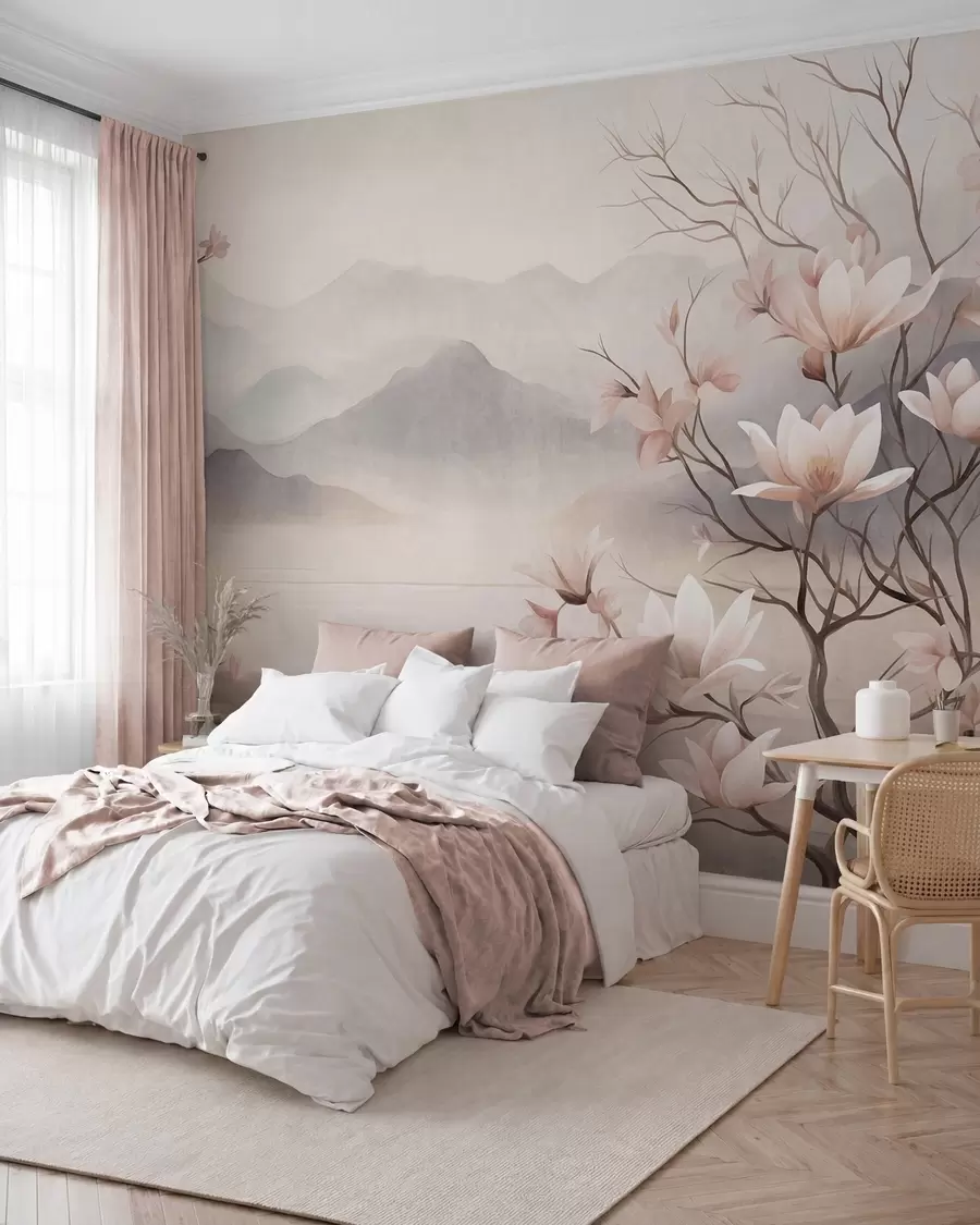 wall murals Mountains and blooming pink magnolia branches, textured landscape w10013