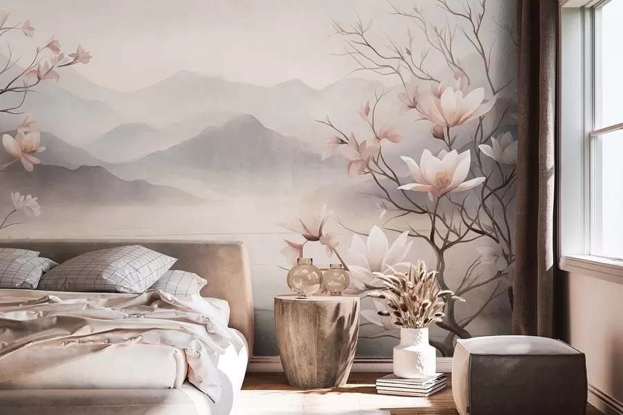 wall murals Mountains and blooming pink magnolia branches, textured landscape w10013