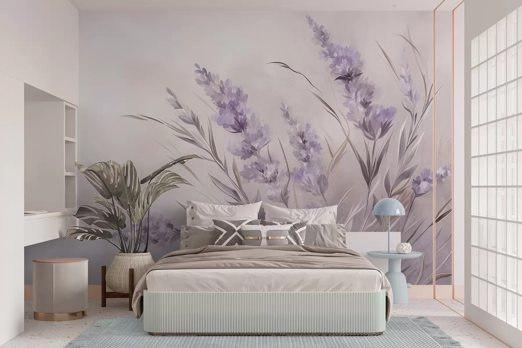 wall murals Lavender flowers with long stems and leaves, soft pastel textured art w10018