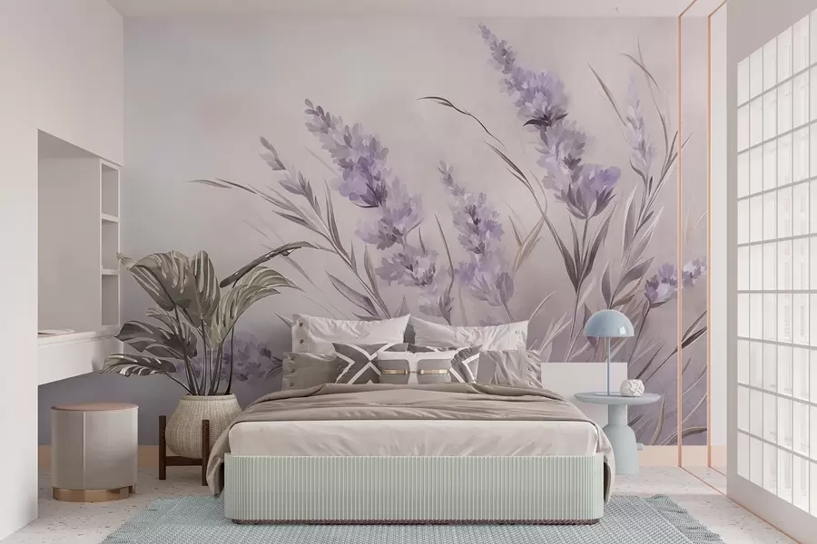 wall murals Lavender flowers with long stems and leaves, soft pastel textured art w10018