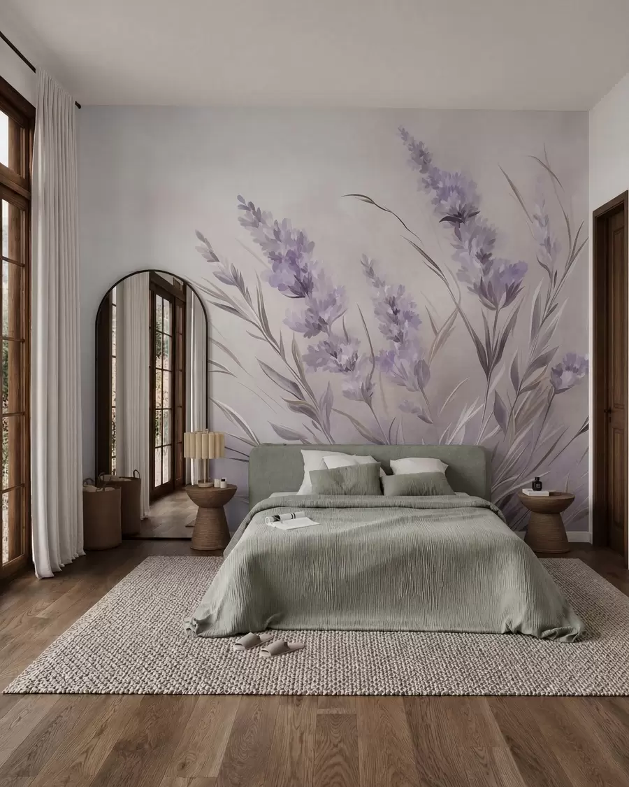 wall murals Lavender flowers with long stems and leaves, soft pastel textured art w10018