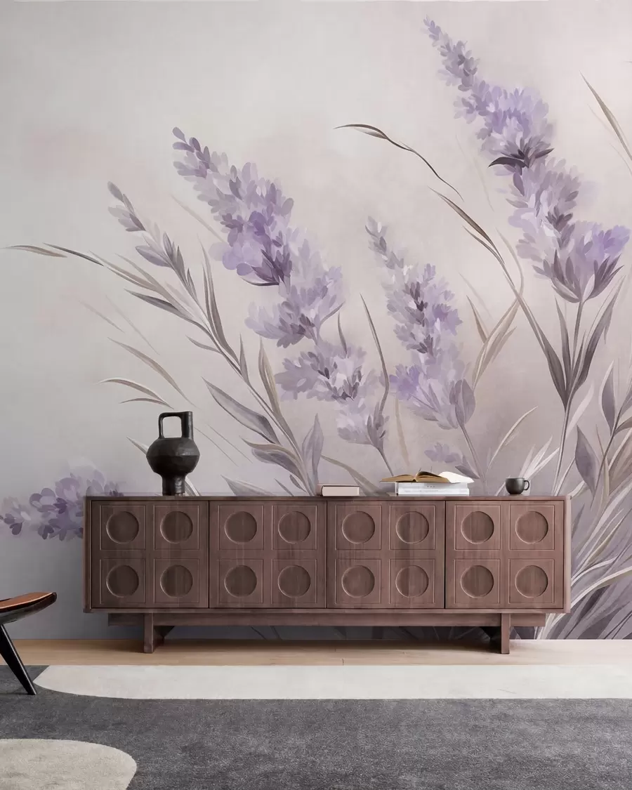 wall murals Lavender flowers with long stems and leaves, soft pastel textured art w10018
