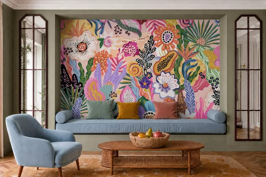 wall murals Vibrant tropical motif with flowers, leaves and colorful fruits w05815