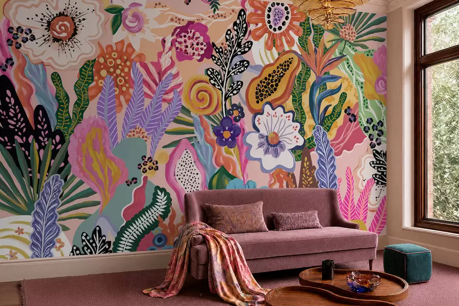wall murals Vibrant tropical motif with flowers, leaves and colorful fruits w05815