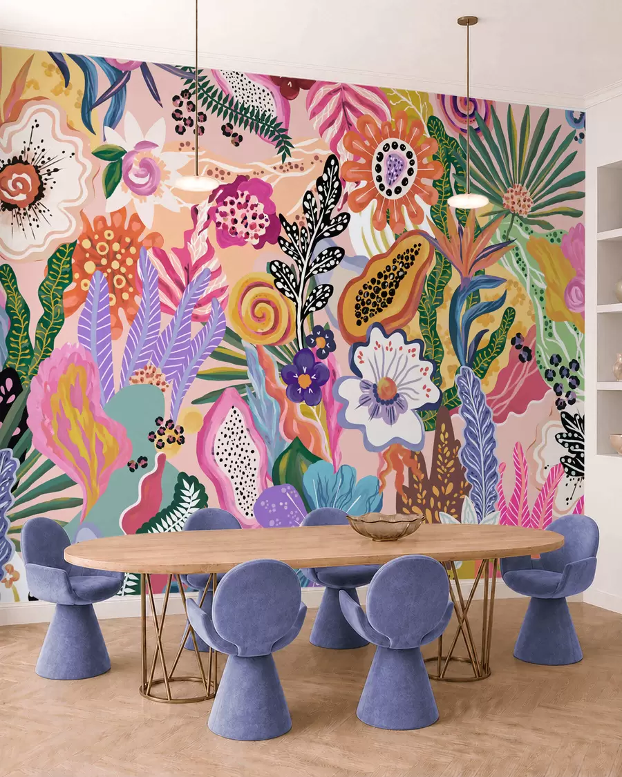wall murals Vibrant tropical motif with flowers, leaves and colorful fruits w05815