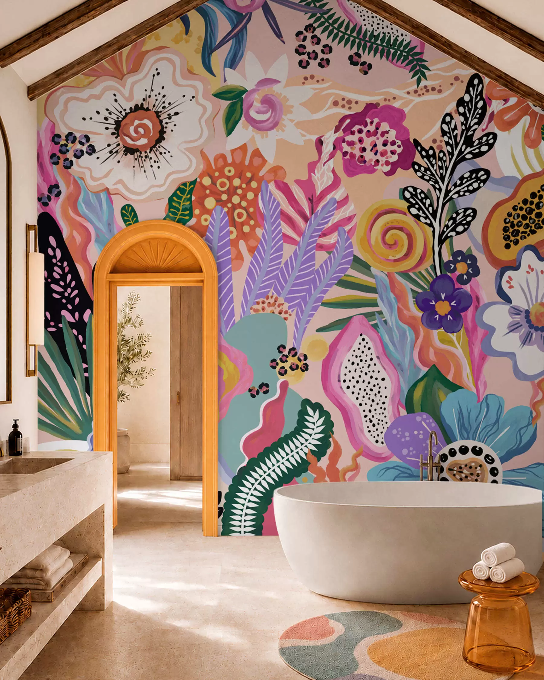 wall murals Vibrant tropical motif with flowers, leaves and colorful fruits w05815
