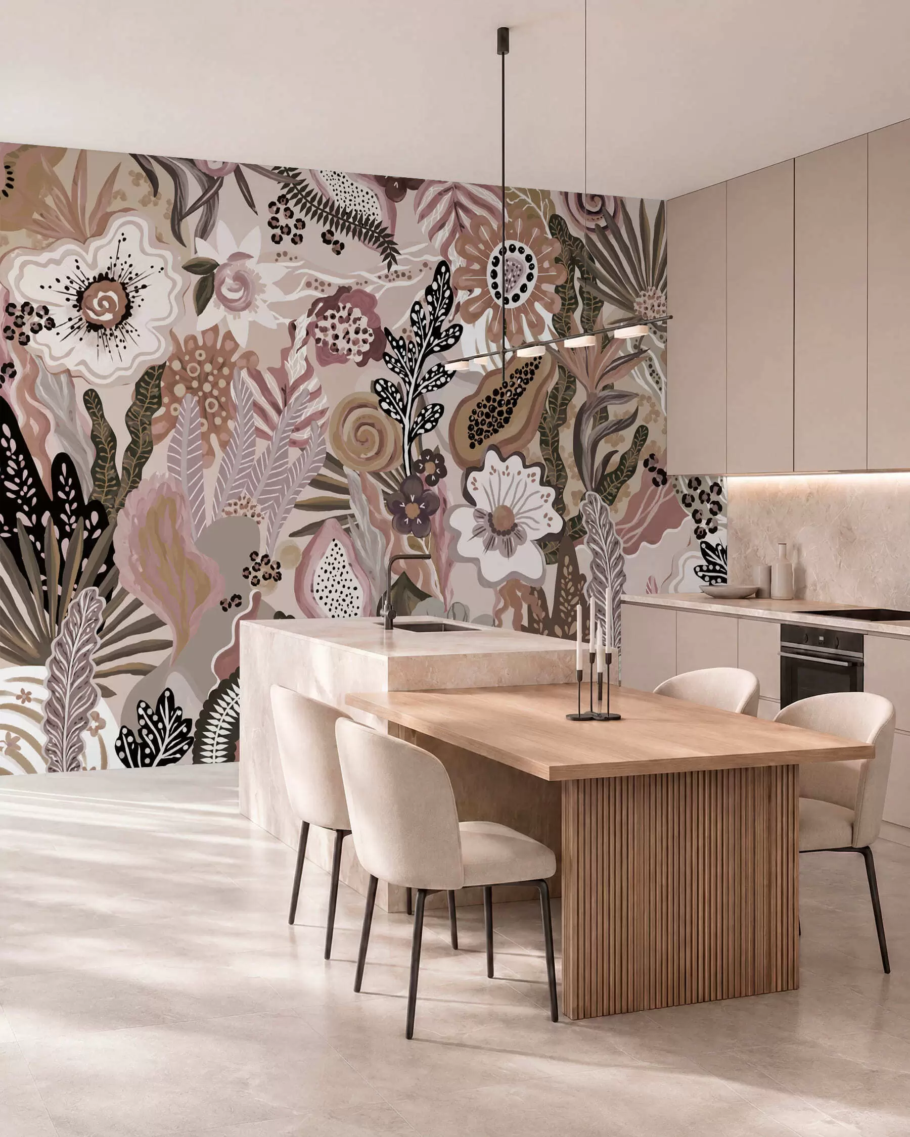wall murals Powdery tropical motif with flowers, leaves and muted soft tones w05815v1