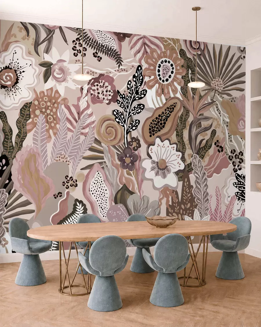 wall murals Powdery tropical motif with flowers, leaves and muted soft tones w05815v1