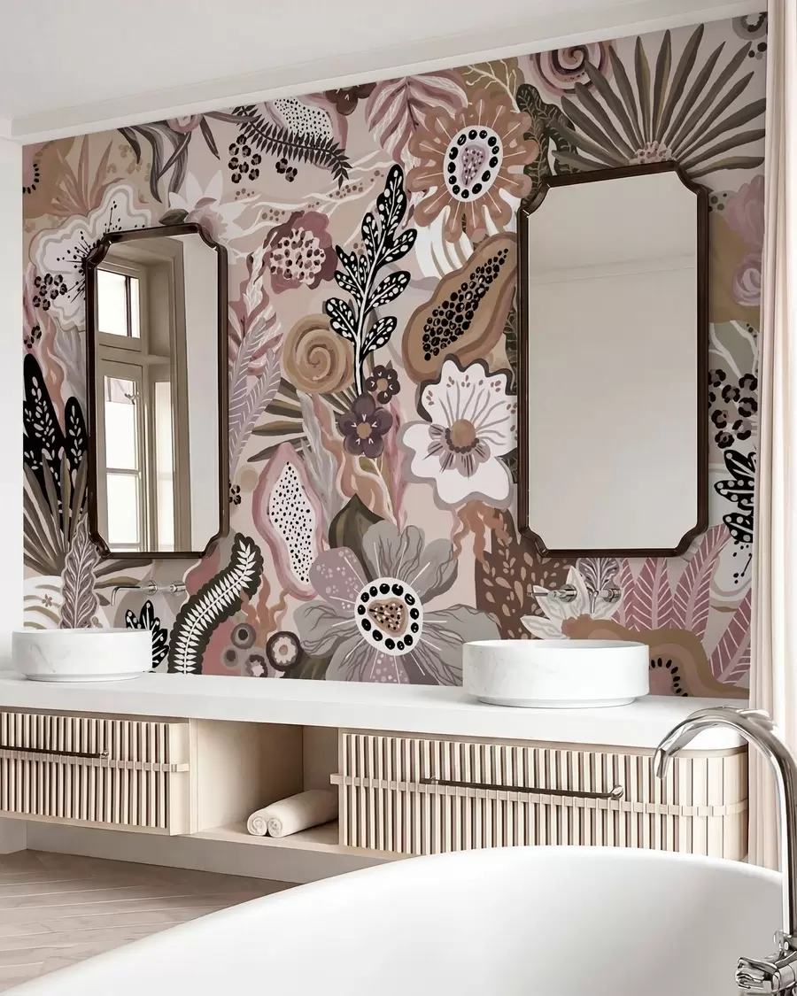 wall murals Powdery tropical motif with flowers, leaves and muted soft tones w05815v1