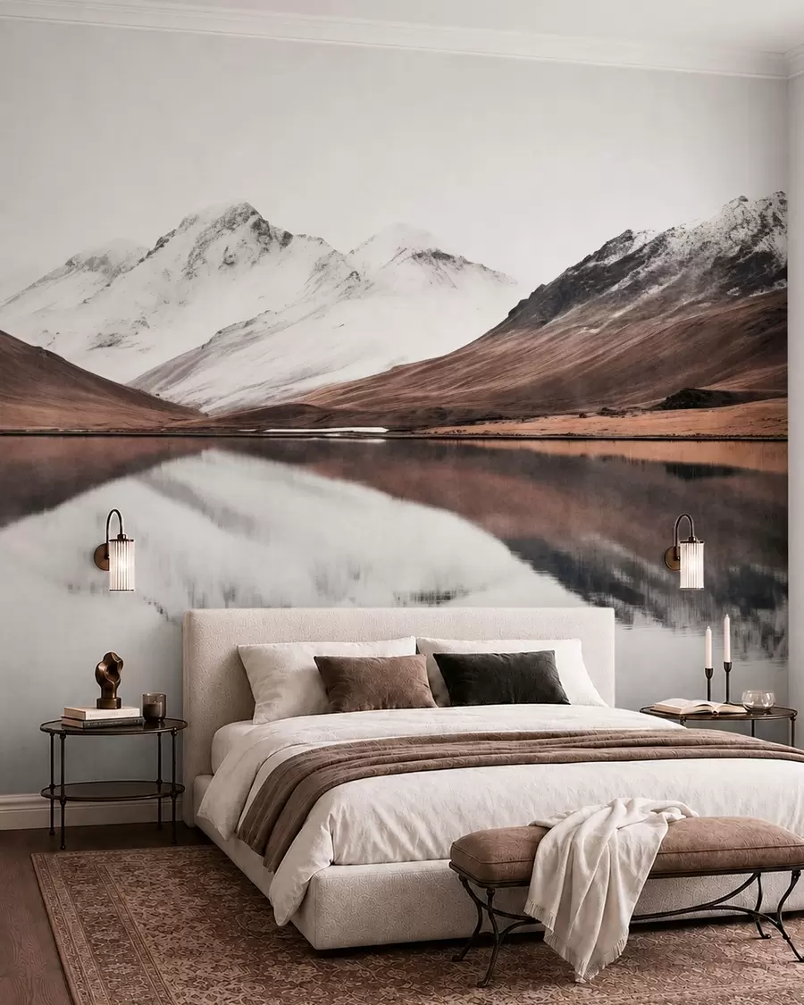 wall murals Snowy mountain peaks and a calm lake with a mirror-like reflection w05816