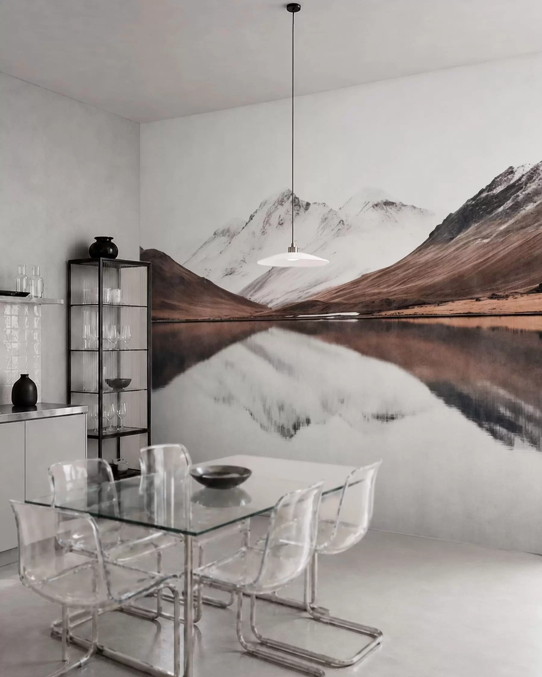 wall murals Snowy mountain peaks and a calm lake with a mirror-like reflection w05816