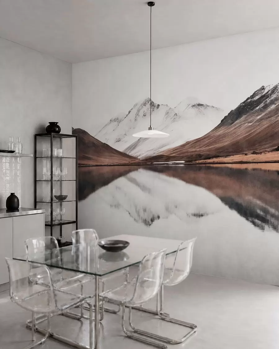 wall murals Snowy mountain peaks and a calm lake with a mirror-like reflection w05816