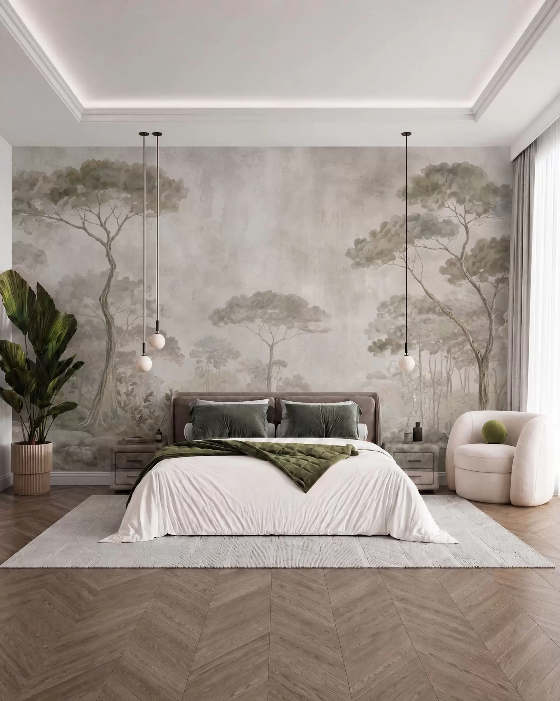 wall murals Misty forest by calm water in soft natural pastel tones w05817