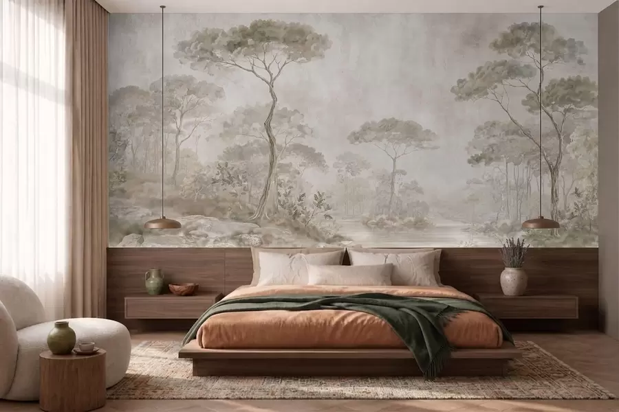 wall murals Misty forest by calm water in soft natural pastel tones w05817