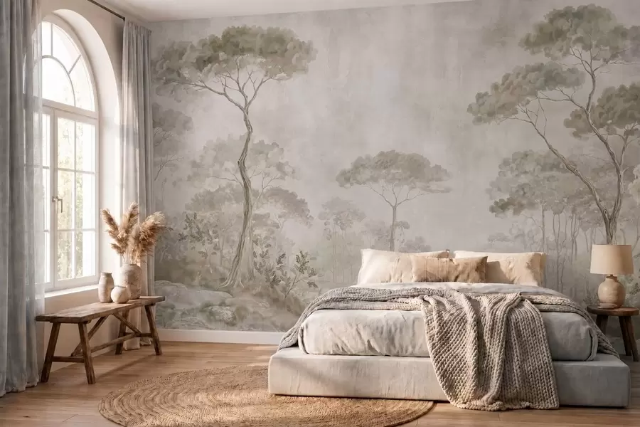 wall murals Misty forest by calm water in soft natural pastel tones w05817